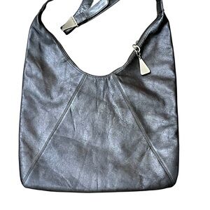 Sharif Leather Hobo Crossbody Bag Pewter Gray Metallic Slouch Shoulder Purse
